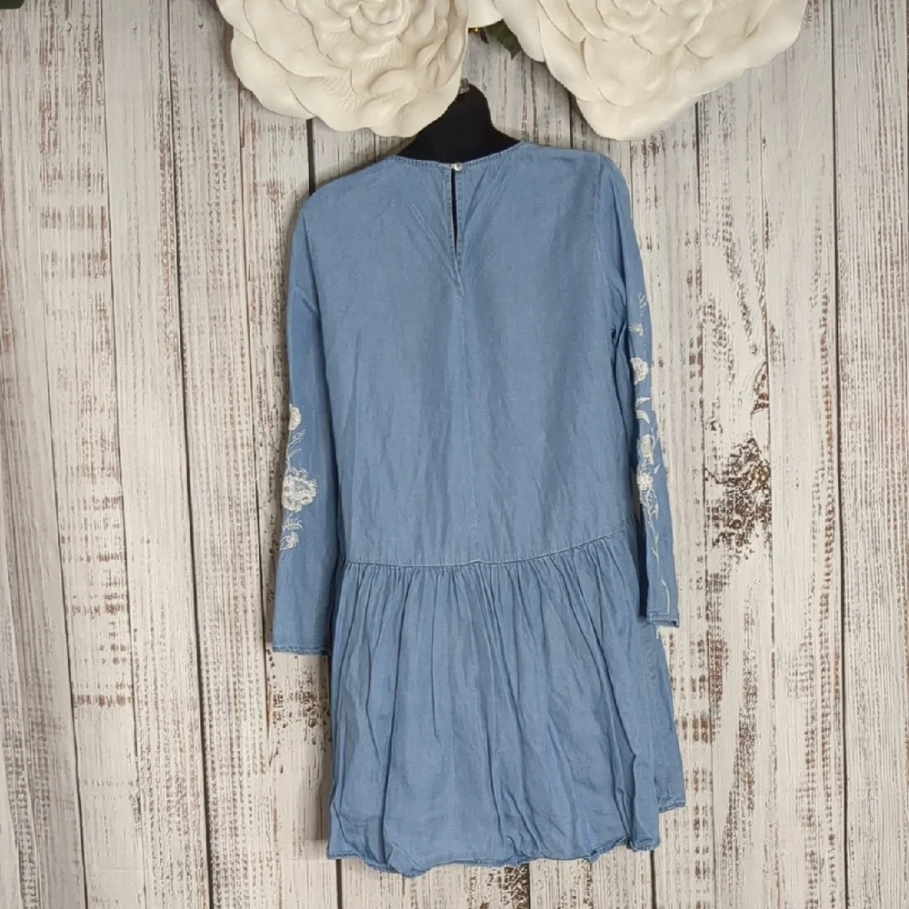 Philosophy Tencel Chambray Drop Waist Dress W/ Long Sleeves, Floral Embroidery - Picture 9 of 13